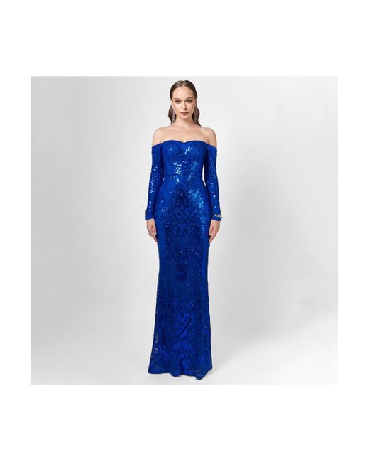 Bariano Blue Zoya Long Sleeve Sequin Gown