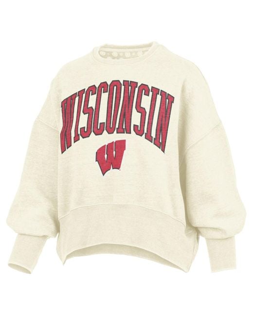 Pressbox White Wisconsin Badgers Oversized Waist-length Crewneck Sweatshirt