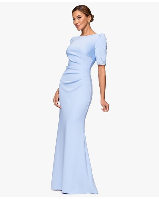 Xscape Blue Embellished Scuba Boat-neck Gown