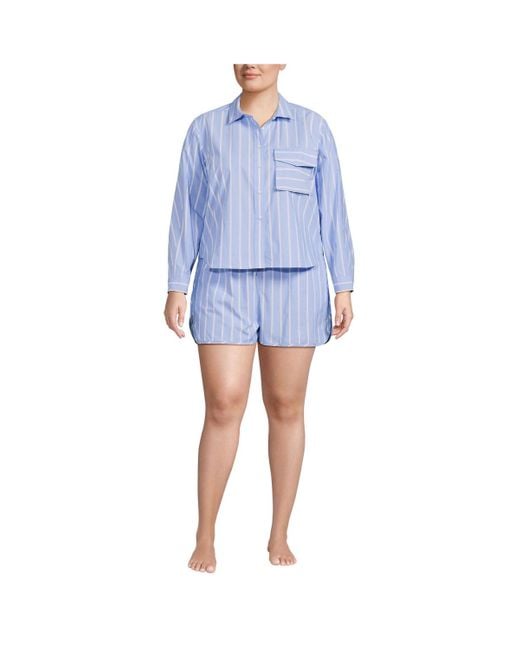 Lands' End Blue Plus Size Cotton Poplin 2 Piece Pajama Set