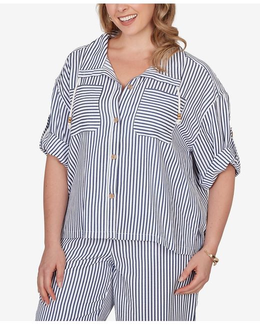 Ruby Rd Blue Plus Size Beaded Seersucker Portrait Collar Jacket