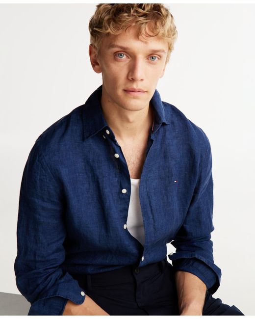 Tommy Hilfiger Blue Regular-fit Pigment-dyed Linen Shirt for men