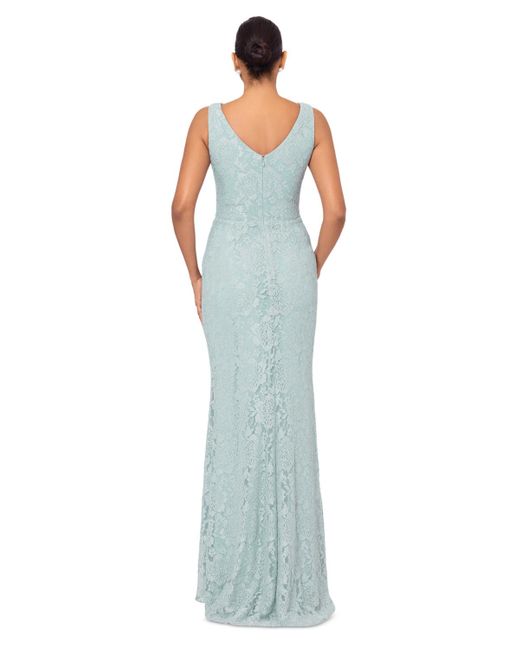 Betsy & Adam Blue Lace Ruffled Gown