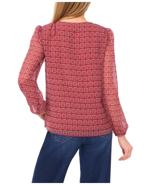 Cece Blue Elastic Cuff V-neck Button Up Top