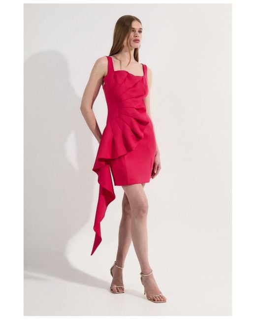 Karen Millen Pink Scuba Drama Ruffle Woven Mini Dress