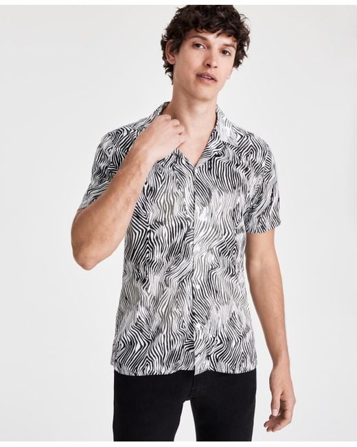 INC International Concepts White Max Zebra Stripe Short-sleeve Camp Shirt for men