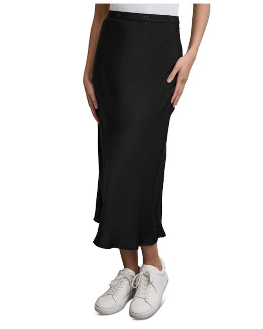 DKNY Black Logo-waistband Midi Slip Skirt