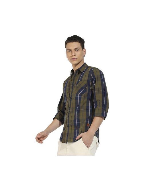 Campus Sutra Black Olive Tartan Plaid Shirt for men