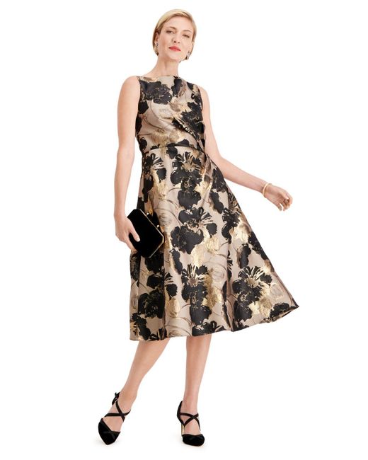Adrianna Papell Black Floral-print Metallic A-line Dress