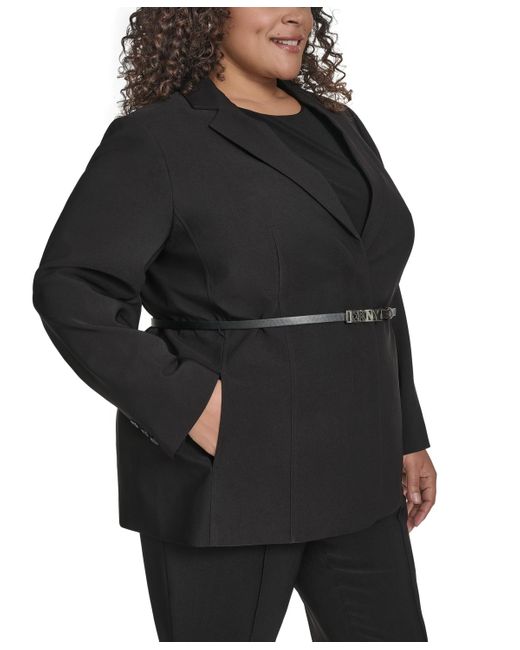 DKNY Black Plus Size Notch-collar Belted One-button Jacket