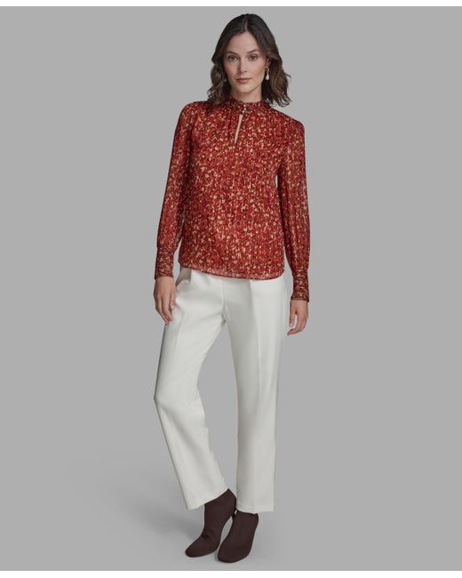 BCBGMAXAZRIA Red Printed Mock Neck Top