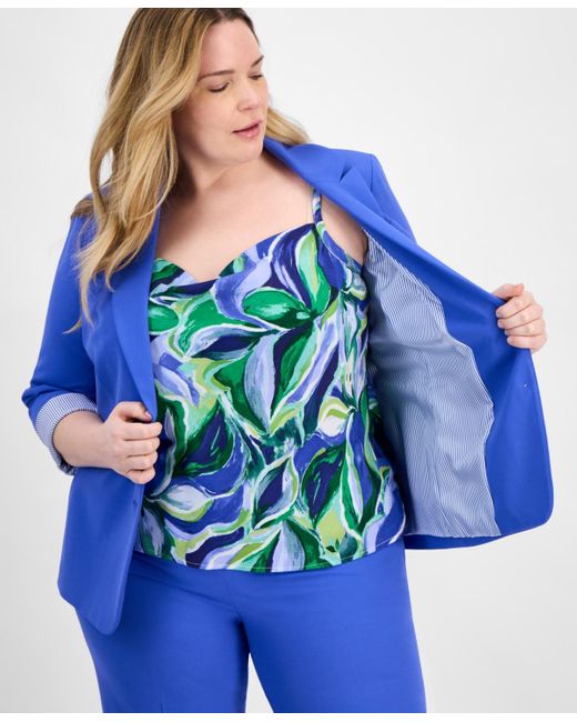 Tahari Blue Plus Size Contrast-lined Two-button Blazer