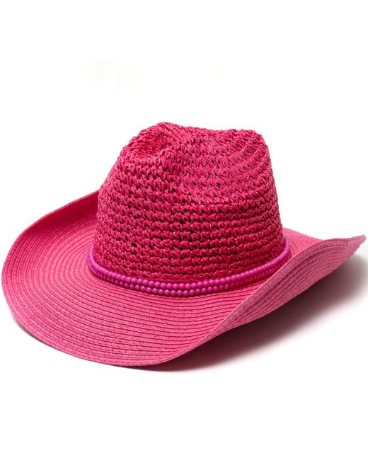 Vince Camuto Pink Beaded Trim Straw Cowboy Hat