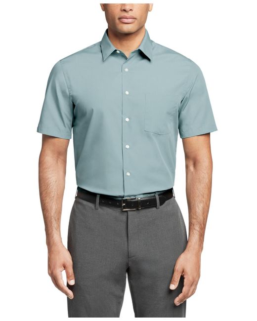 Van Heusen Blue Poplin Solid Short-sleeve Dress Shirt for men