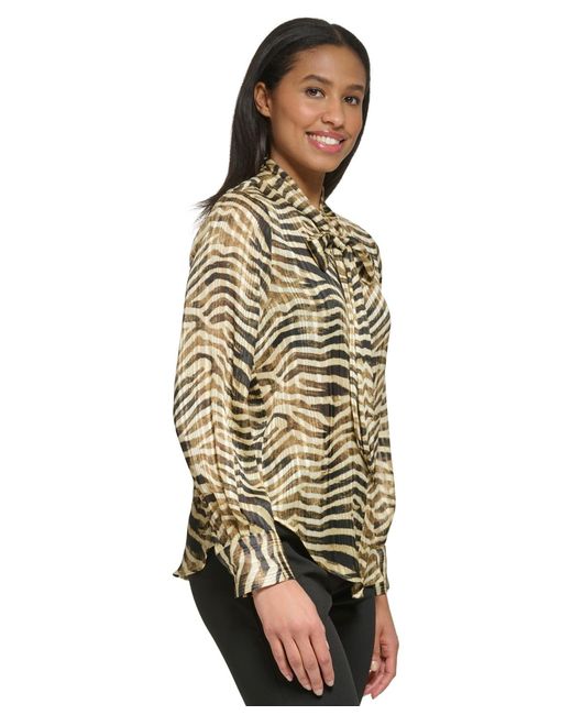 DKNY Multicolor Animal-print Tie-neck Blouse