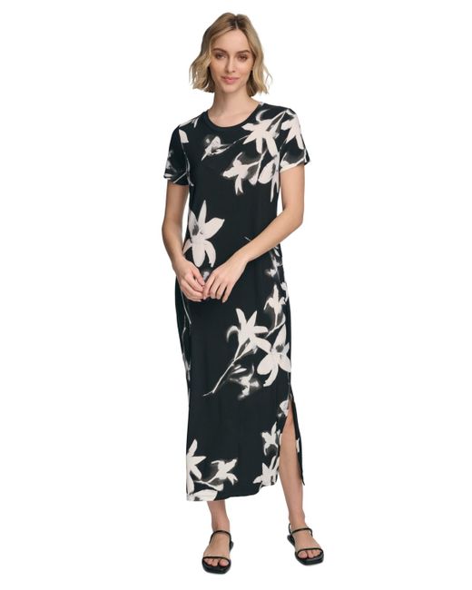Calvin Klein Black Short Sleeve Floral Maxi Dress
