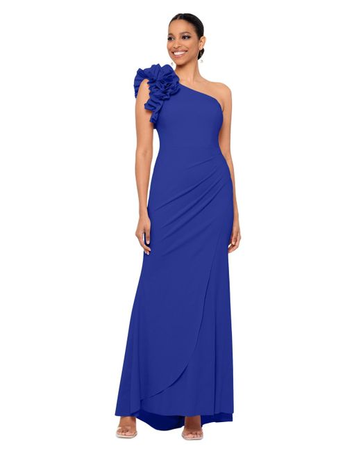 Xscape Blue Ruffled One-shoulder Gown