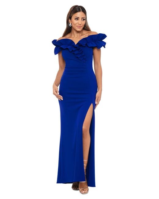 Xscape Blue Petite Ruched Side-slit Long Sheath Dress