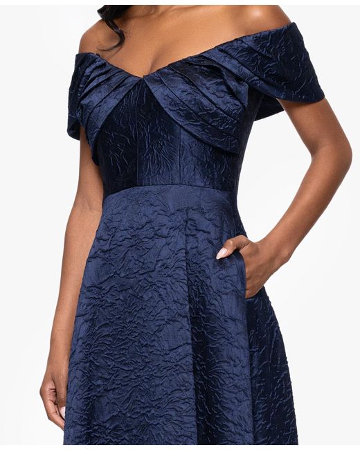 Betsy & Adam Blue Brocade Off-the-shoulder Long A-line Dress