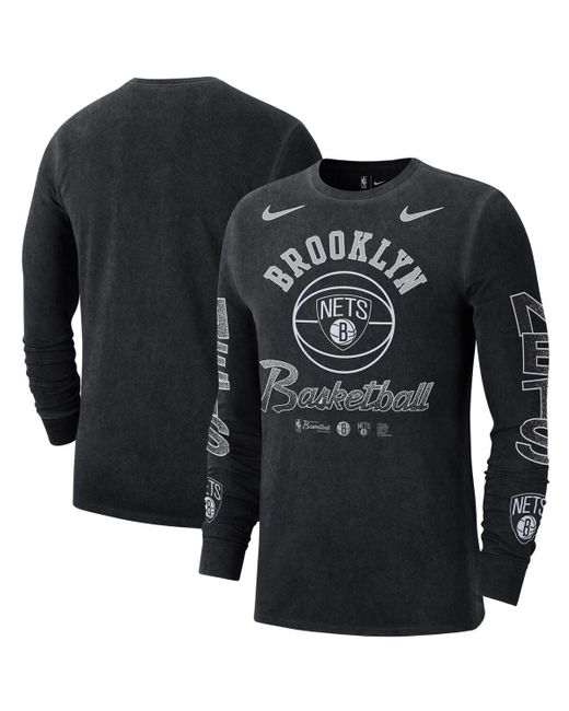 Nike Black Distressed Brooklyn Nets Courtside Retro Elevated Long Sleeve T-shirt for men