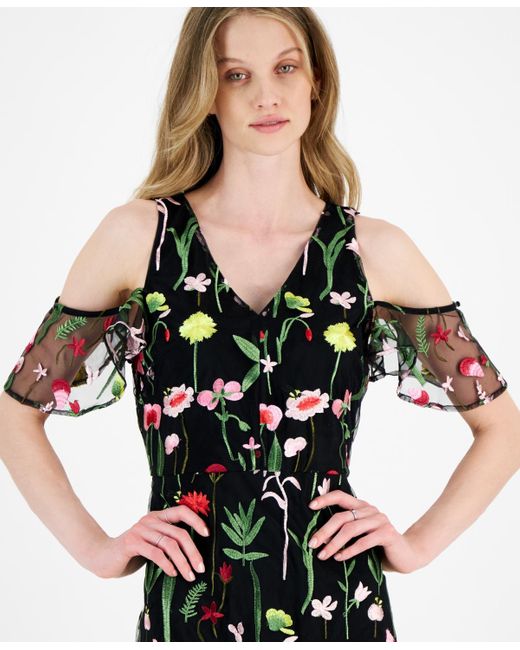 Sam Edelman Black Fresh Cut Embroidery Cold-shoulder Midi Dress