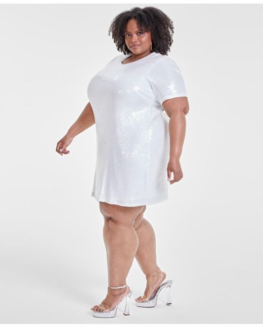 Nina Parker White Trendy Plus Size Printed Short-sleeve Sequin Dress