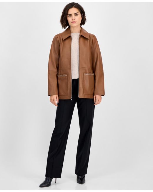 Anne Klein Brown Zip-front Leather Jacket