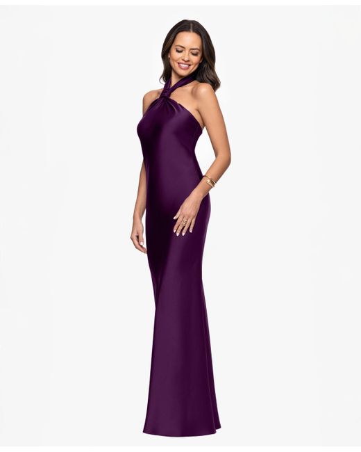 Betsy & Adam Purple Solid-color Knot-front Long Halter Dress