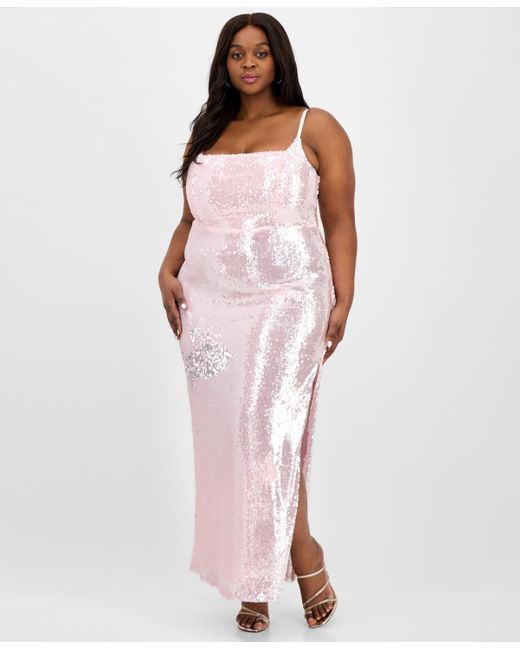 B Darlin Pink Trendy Plus Size Sequin Square-neck Gown
