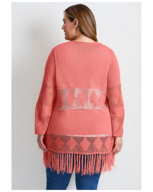 Avenue Red Plus Size Pointelle Fringe Cardigan