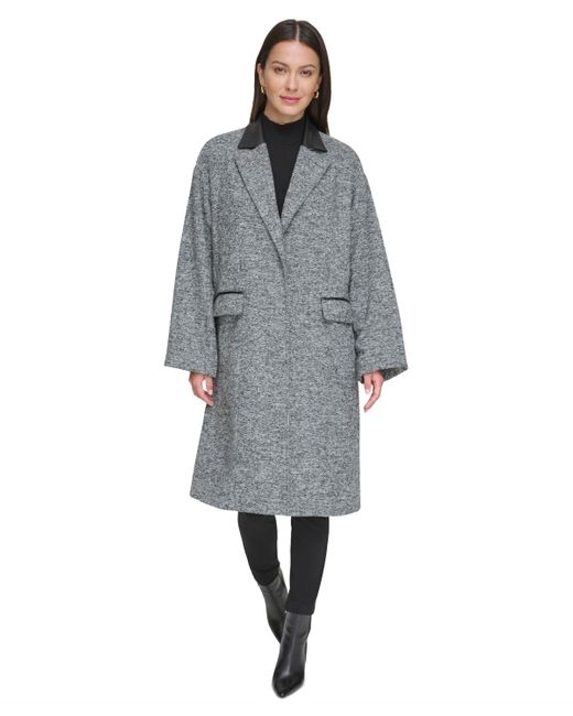 DKNY Gray Faux-leather Trim Long-sleeve Trench Coat