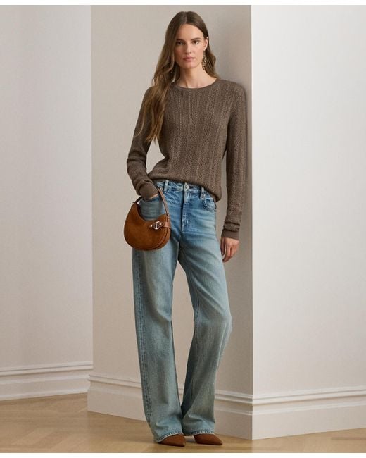Ralph Lauren Brown Petite Pointelle-knit Slim Fit Sweater