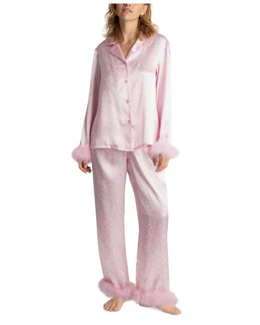 Linea Donatella Pink Printed Marabou Feather Satin Pajama Set