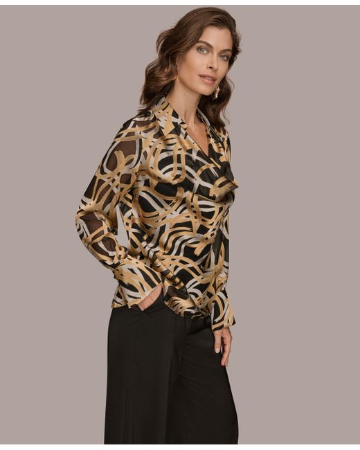 Donna Karan Brown Long Sleeve Burnout Cowl Neck Top