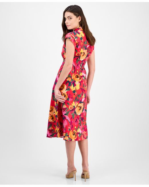 Julia Jordan Red Floral-print Button-front Midi Dress