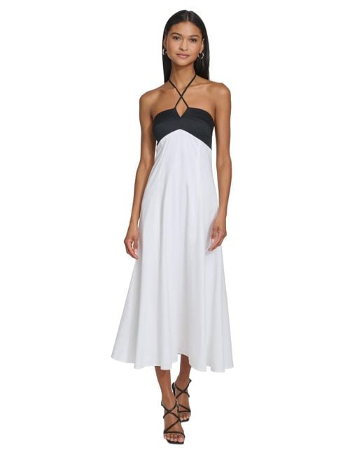 Karl Lagerfeld White Colorblocked Halter Midi Dress