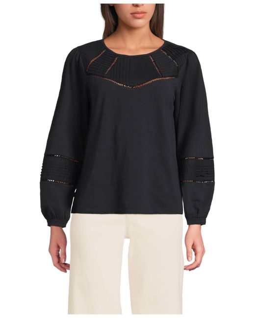 Lands' End Black Long Sleeve Slub Pintuck Top