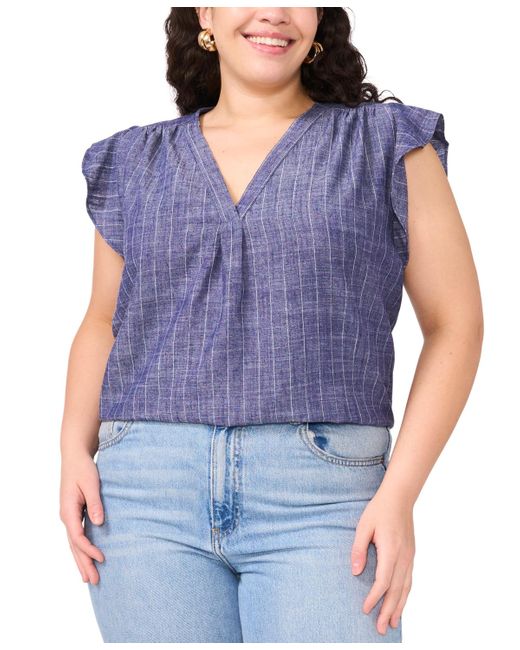 Vince Camuto Blue Plus Size V-neck Ruffle Sleeve Blouse