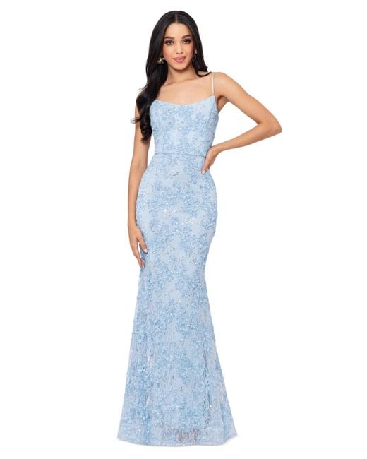 Xscape Blue Straight-neck Sleeveless Lace Gown