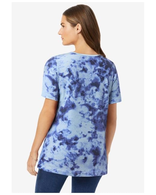 Woman Within Blue Plus Size Within Waffle Thermal Satin Trim Tee