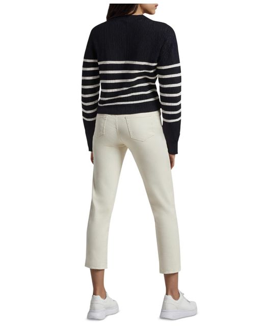 Three Dots Black Abigail Striped Crewneck Sweater