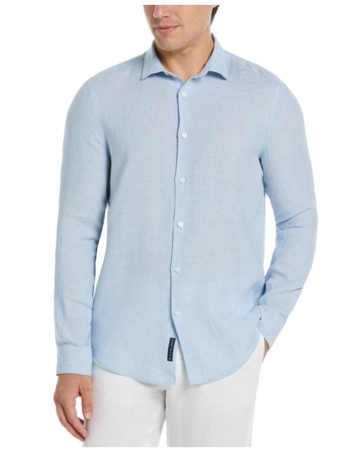 Perry Ellis Blue Solid Long Sleeve Linen Button-front Shirt for men