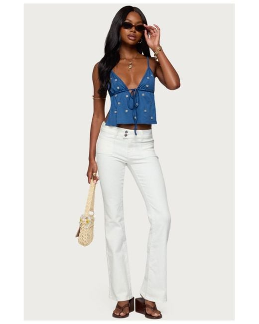 Edikted Blue Soleil Embroidered Open Back Top