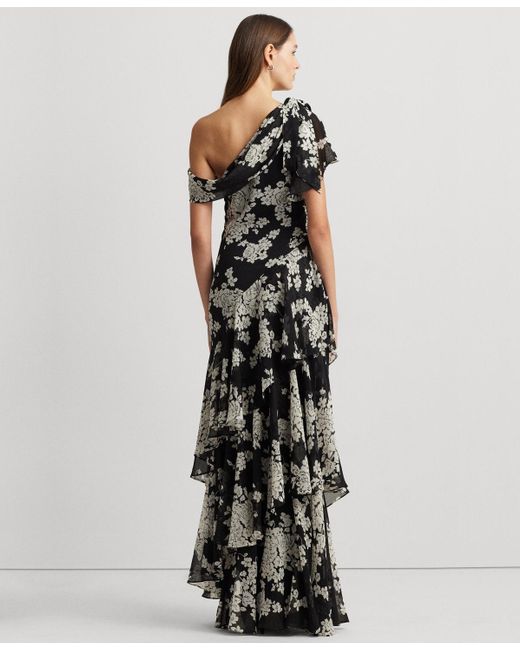Lauren by Ralph Lauren Gray One-shoulder Floral Gown