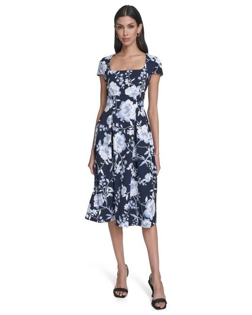 Calvin Klein Floral Print Square Neck Dress in Blue | Lyst