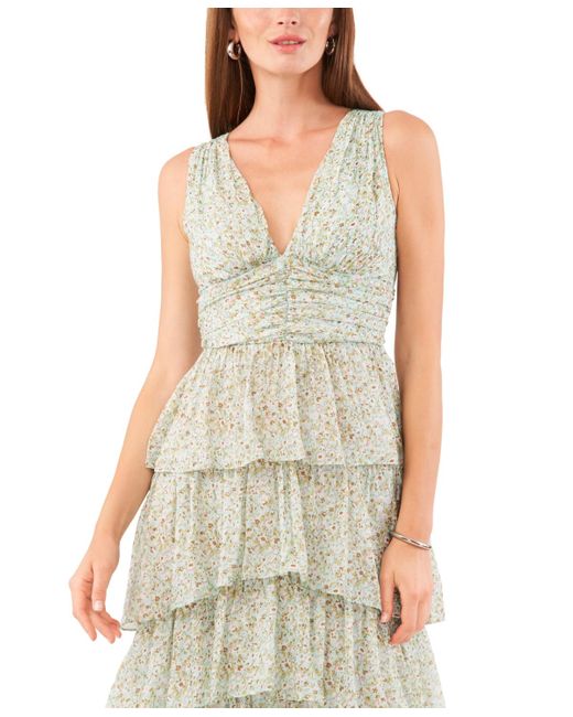 1.STATE Green Floral Sleeveless Tiered Maxi Dress