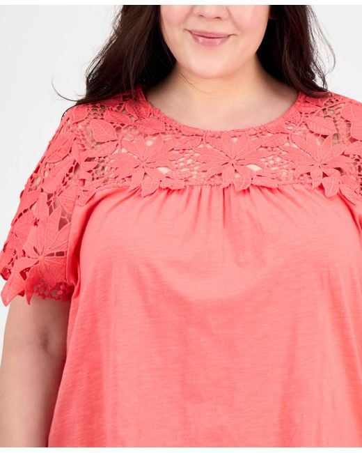Tommy Hilfiger Plus Size Lace Yoke Short-sleeve Top in Pink | Lyst