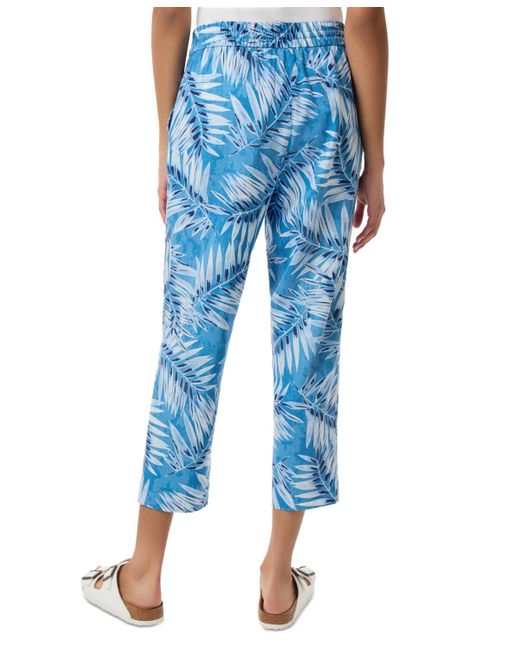 Jones New York Blue Petite Linen Pull On Cropped Leaf-print Drawstring-waist Pants