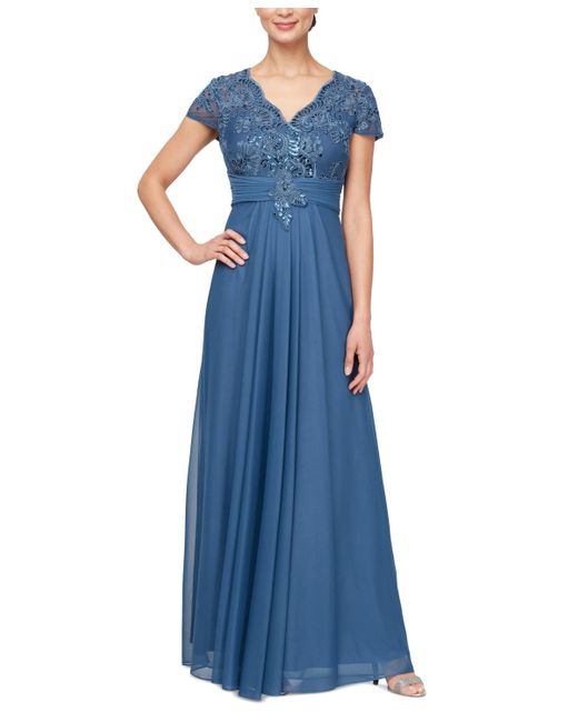 Alex Evenings Blue Embellished Short-sleeve Gown