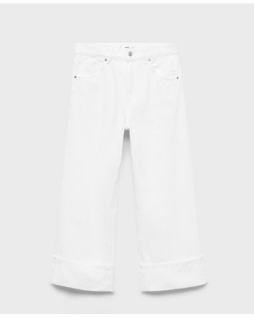 Mango White Turned-up Hem Wide Leg Cropped Jeans
